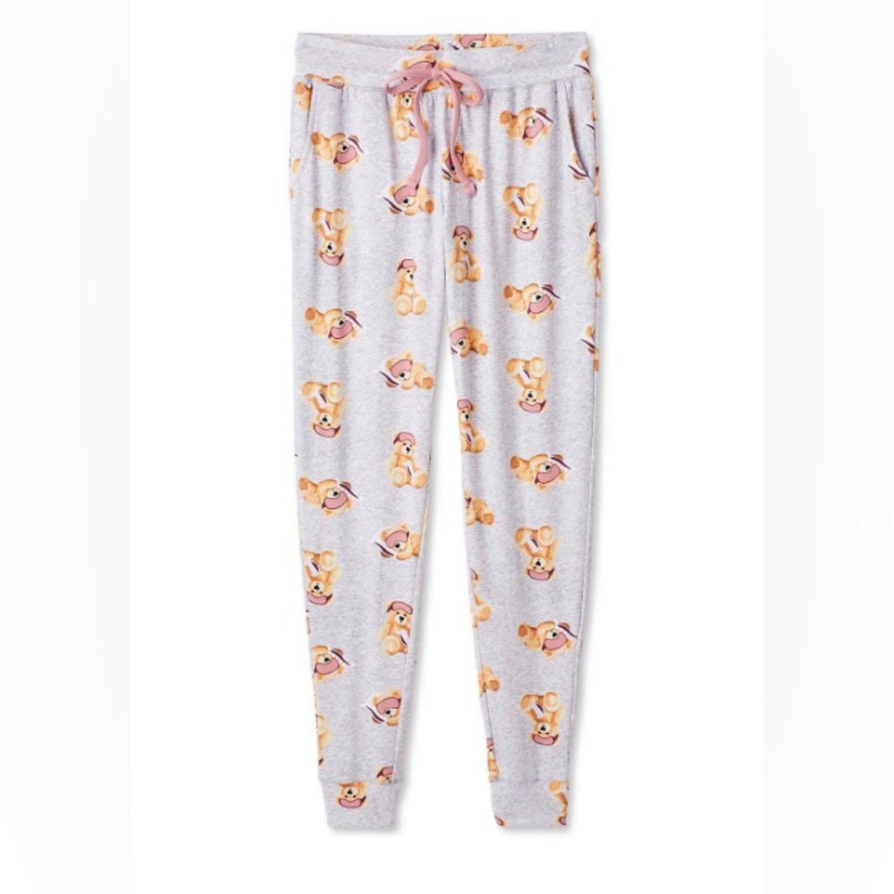 Kids Grey Teddy-Print Pajama Jogger Pants with Pink Drawstring